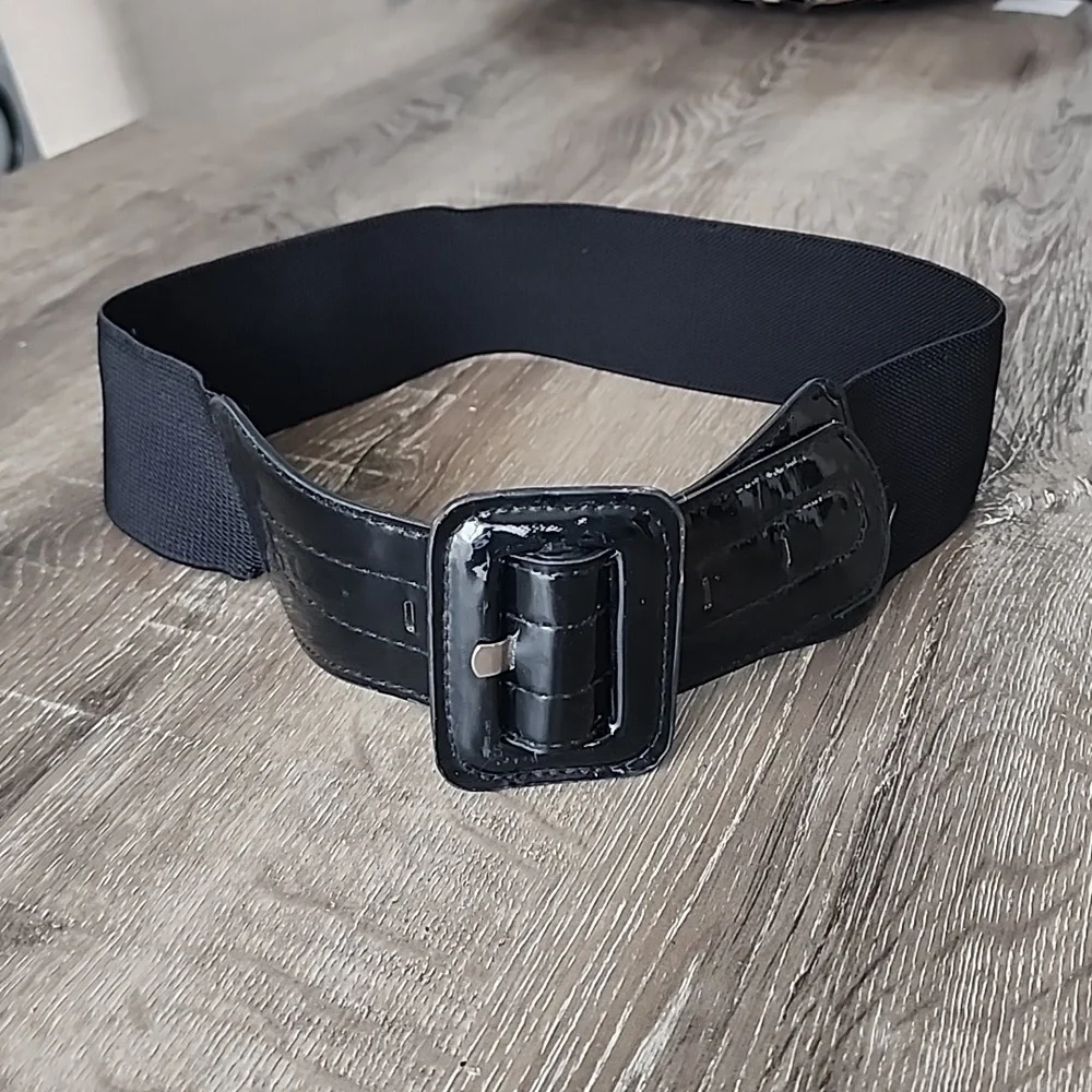 Y2K Faux Black Patent Leather Stretch Wide Belt